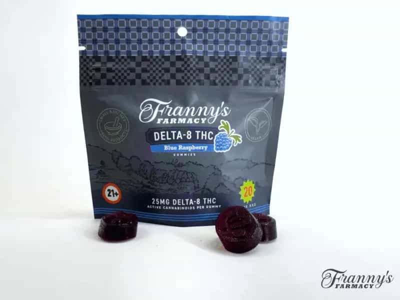Frannys Farmacy Gomitas de Frambuesa Azul Delta-8 25mg, Ahora Veganas + Sin Derretirse