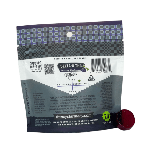 Blazing Blackberry D8 20pk back of package with gummy on the side