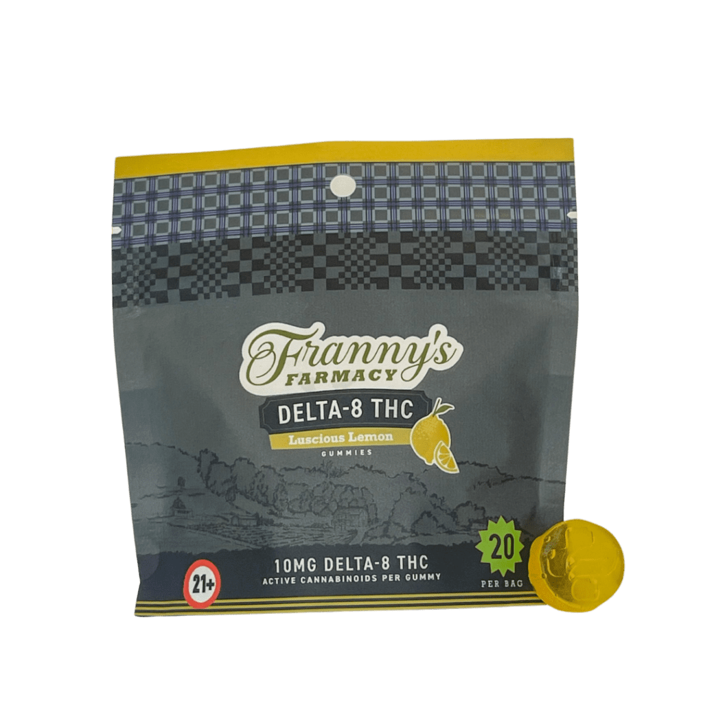 Lucious Lemon D8 20pk front of package with gummy on side