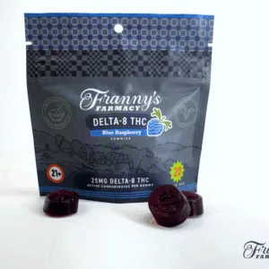 blue razz gummies front